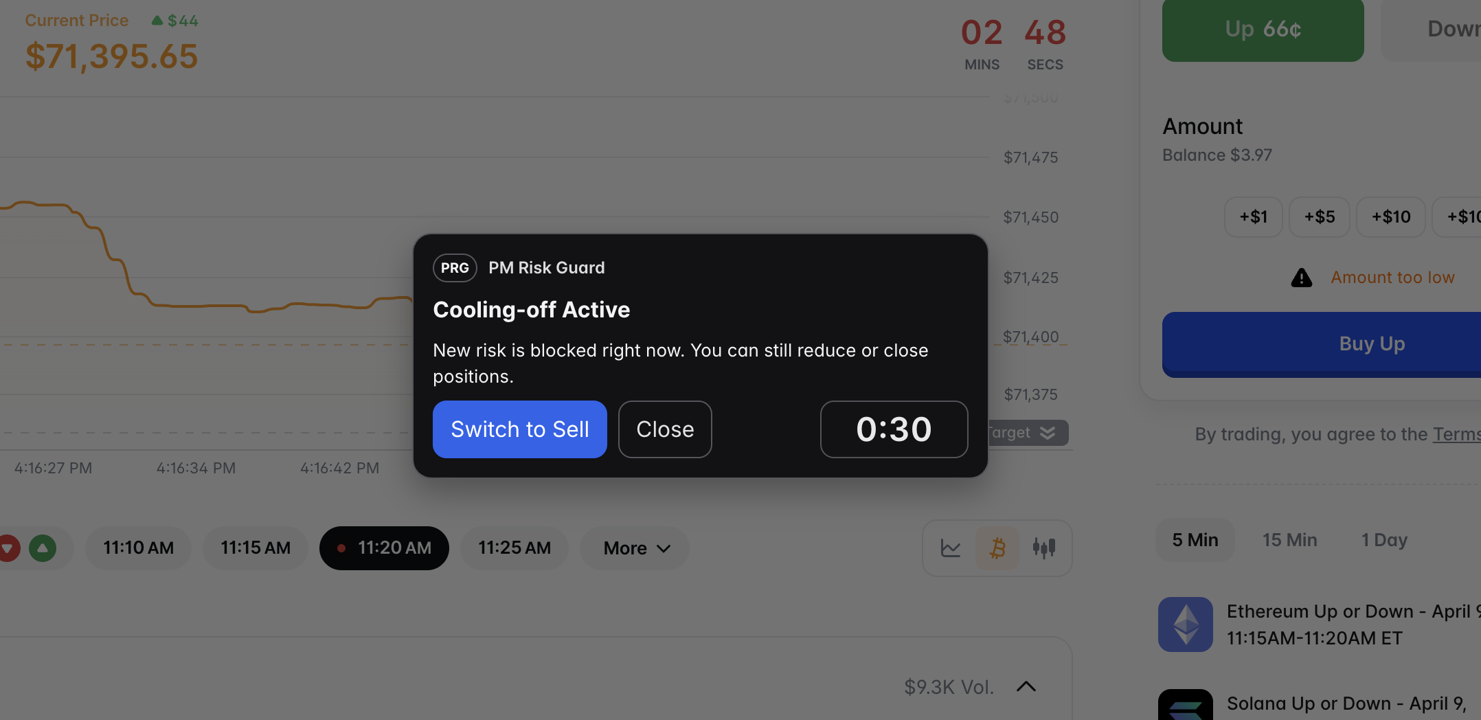 Cooling-off modal: pause before risky actions interface
